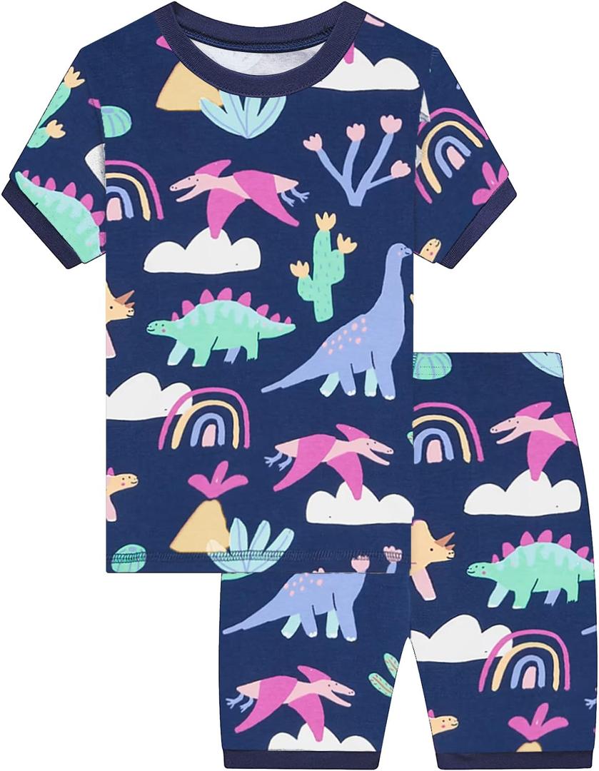 DDSOL Pajamas Set Toddler Girls Pjs Summer 2 Piece Sleepwear Dinosaur Kids Short Jammies Navy Blue 7 Years
