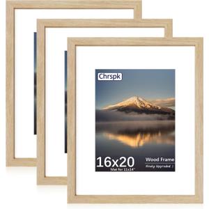 16x20 Poster Frame, Display Pictures 11X14 with Mat or 16x20 Without, Wall Hanging Frames, Natural Oak, 3 Pack