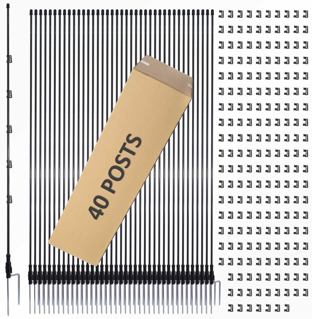 76 Inches High Fiberglass Step-in Electric Fence Portable Posts with Double Spikes - 40 Posts Come with 200 Clips