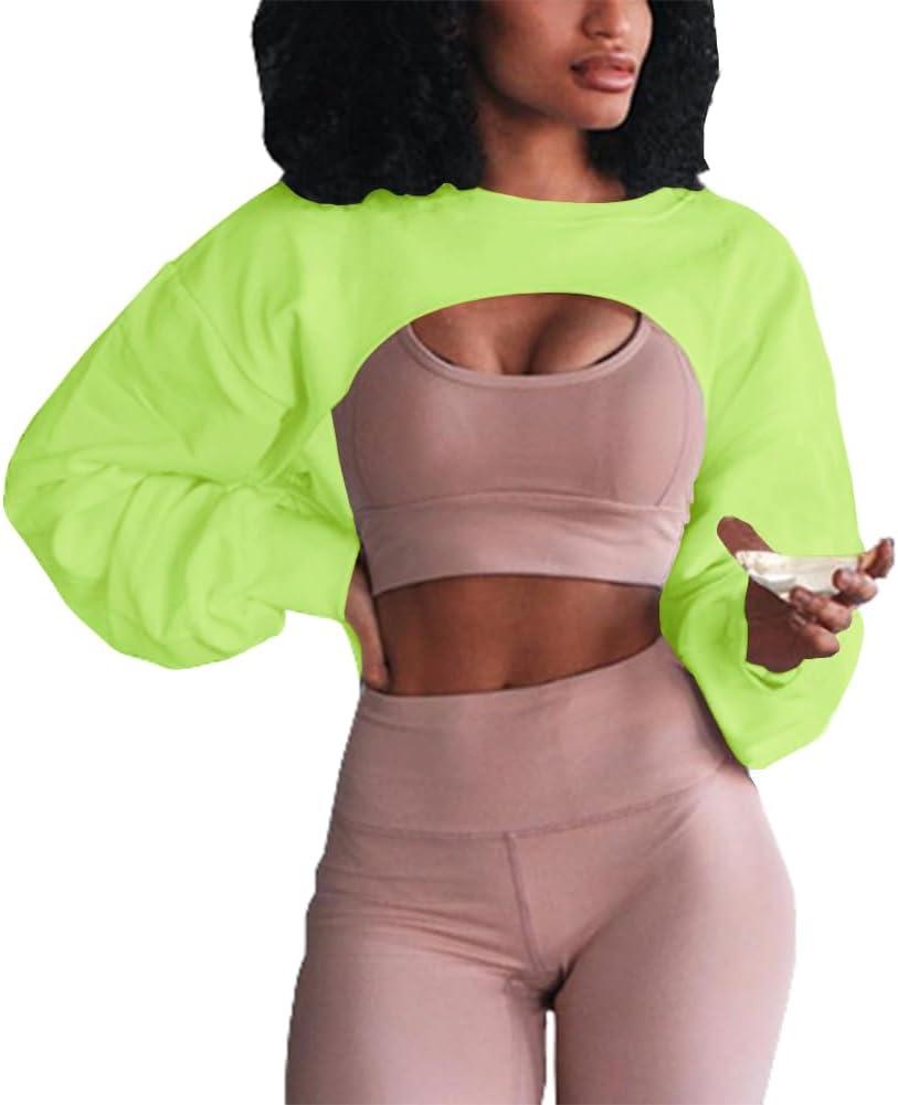 Artfish Women's Crewneck Long Sleeve Crop Tops Workout Gym Casual Cut-out Loose Cropped Sweatshirts (Large, Neon Green)