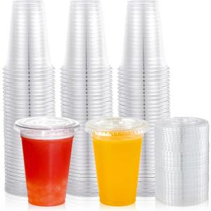 Lilymicky 200 Sets 10 oz Clear Plastic Cups With Flat Lids, 10 Ounce Disposable Drinking Cups for Smoothie, Slurpee, or Any Cold Drinks