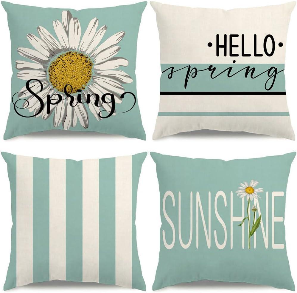 Spring Pillow Covers 18x18 Floral Daisy Hello Spring Decorations Teal Striped Throw Pillow Covers Sunshine Farmhouse Cushion Case for Sofa Couch Set of 4
