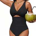 Tempt Me Women One Piece Swimsuits Tummy Control Cutout Bathing Suits Ruched V Neck Twist Front Swimwear (Large, Black)