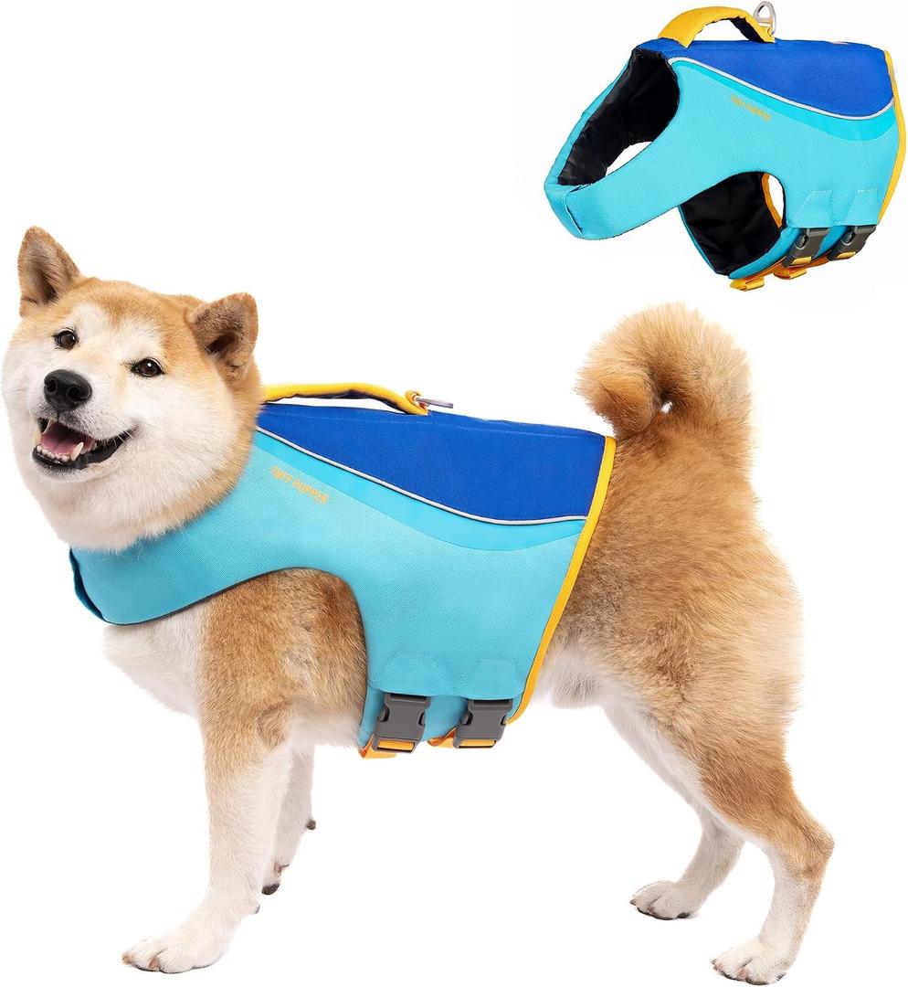 Tuff Pupper Dog Life Jacket | High Buoyancy Dog Swim Vest with Rescue Handle | Adjustable Secure Fit | Reflective Safety Trim | Pet Flotation Jacket for Swimming Boating Kayaking (Blue/Yellow, M)