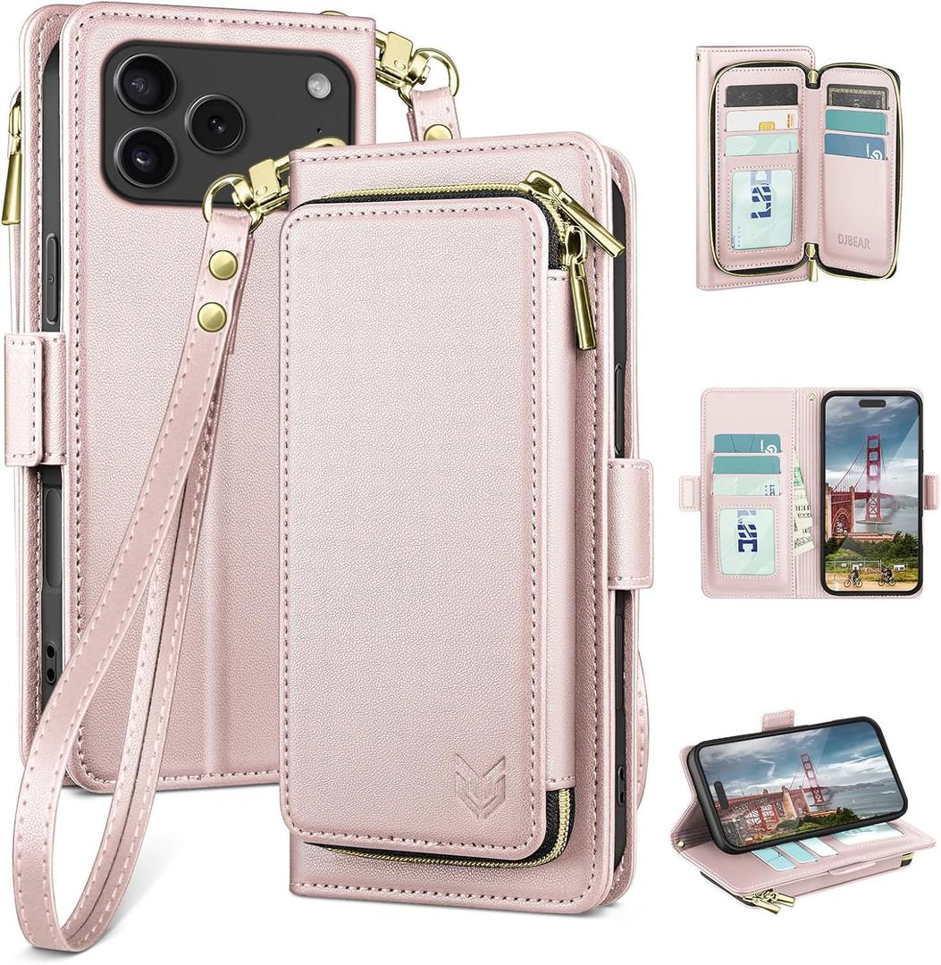 DJBEAR for iPhone 17 Pro Max 6.9" Wallet Case for Men & Women, All-in-One Flip Folio Cover with 9 Card Slots, Zipper Pocket, Detachable Wrist Strap, Full Body Protection for Apple 17 Pro Max Rose Gold