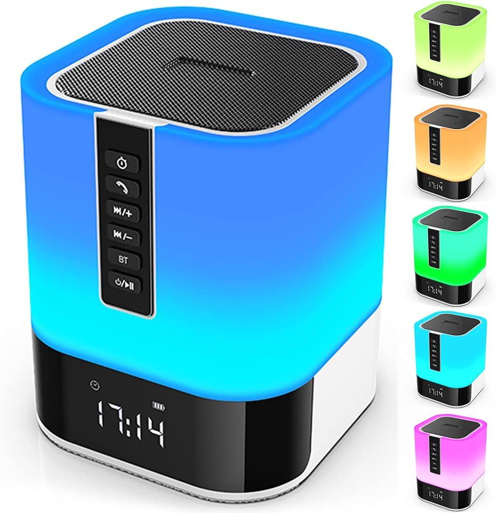 Hetyre Night Light Bluetooth Speaker, 5 in 1 Touch Control Bedside Lamp Dimmable Multi-Color Changing, Bedroom Alarm Clock, Best Birthday Gift Ideas for 10 11 12 13 14 Year Old Teenage Girls/Boys