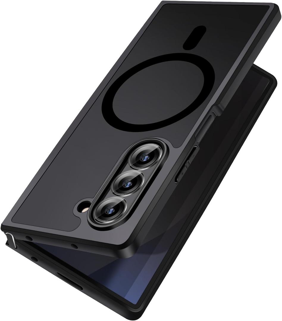 for Samsung Galaxy Z Fold 6 Case [Compatible with MagSafe] Slim Translucent Matte Hard Back & Soft Black Magnetic Cover, Military Grade Drop Proof Bumper, Shockproof Phone Case