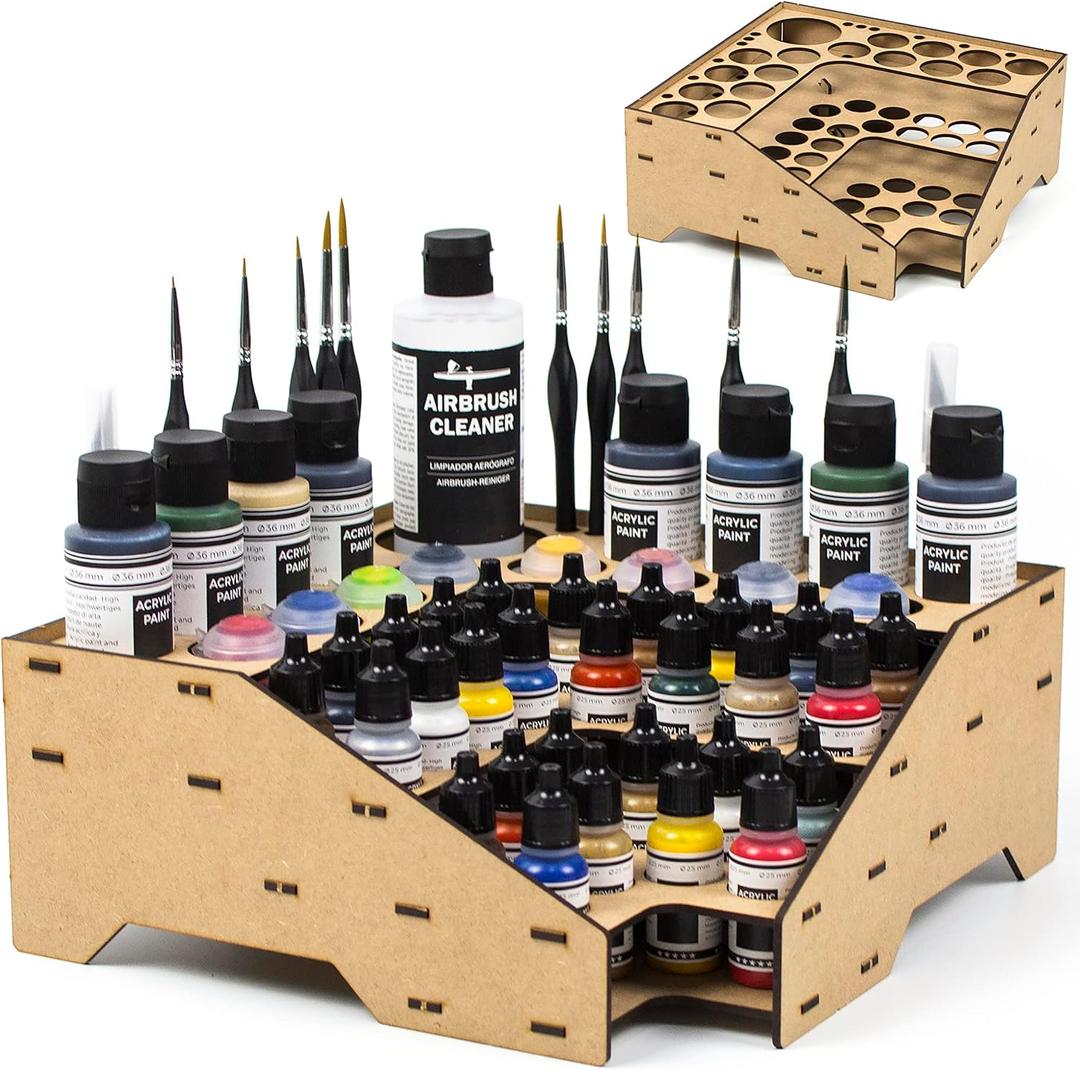 Corner Paint Rack Organizer, Art desk Corner Paint Stand holder for Miniature & Model Paints + Brush/Tool Slots, 26 36mm Holes Compatible with Vallejo, Army Painter, AK (Module C)