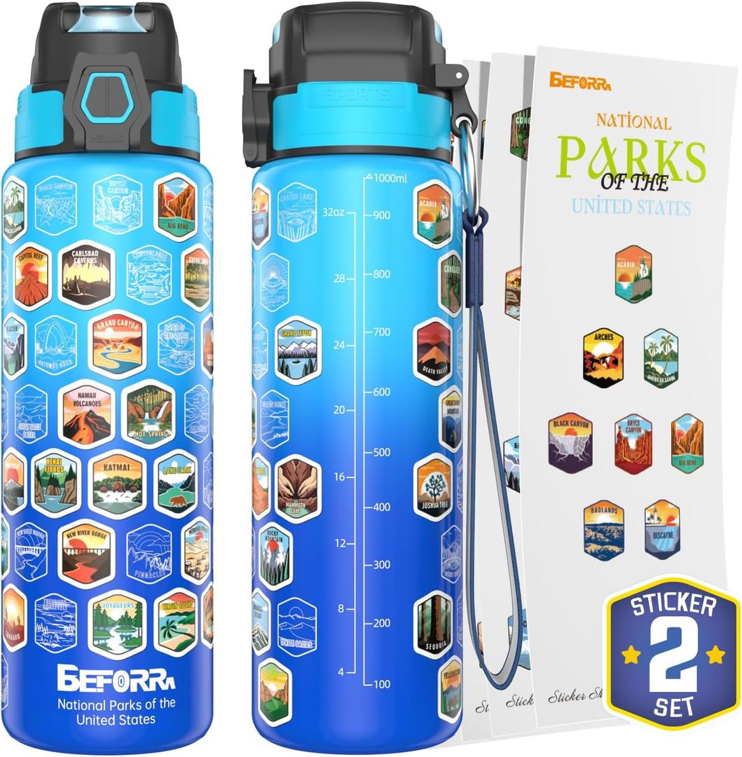 2 x National Parks Water Bottle with 63 Waterproof Stickers & Carry Strap, Durable Plastic Water Bottle 32oz Hiking Water Bottles for Travel, Camping, Gifts for Kids, Men, Women Tritan, BPA Free