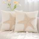 Tosleo Coastal Pillow Covers 18x18 Pack of 2 Beach Starfish Embroidered Throw Pillow Covers Beige Velvet Pillow Cushion Cases Farmhouse Decor Ocean Themed Cushion Covers for Spring Summer