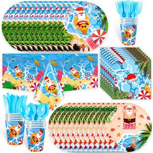 HOWAF 117pcs Hawaii Christmas Decorations Tableware Set, Paper Plates and Napkins Sets Plastic Xmas Santa Tablecloth Disposable Dinnerware Beach Party Paper Cups Forks Supplies