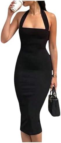 SOLY HUX Women's Halter Dress Sleeveless Backless Bodycon Split Back Cocktail Party Midi Dresses, Large 