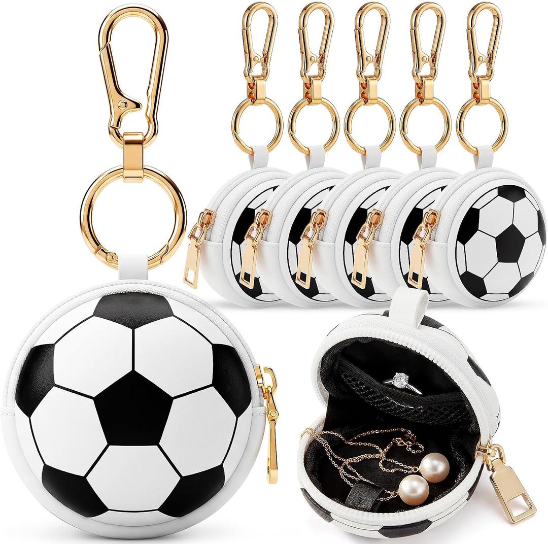 Weysat 6 Pack Soccer Jewelry Holder Keychain - Portable Ring Keeper Case, Small Travel Ring Box with Zipper, Earring Stud Necklace Storage Case for Men Women