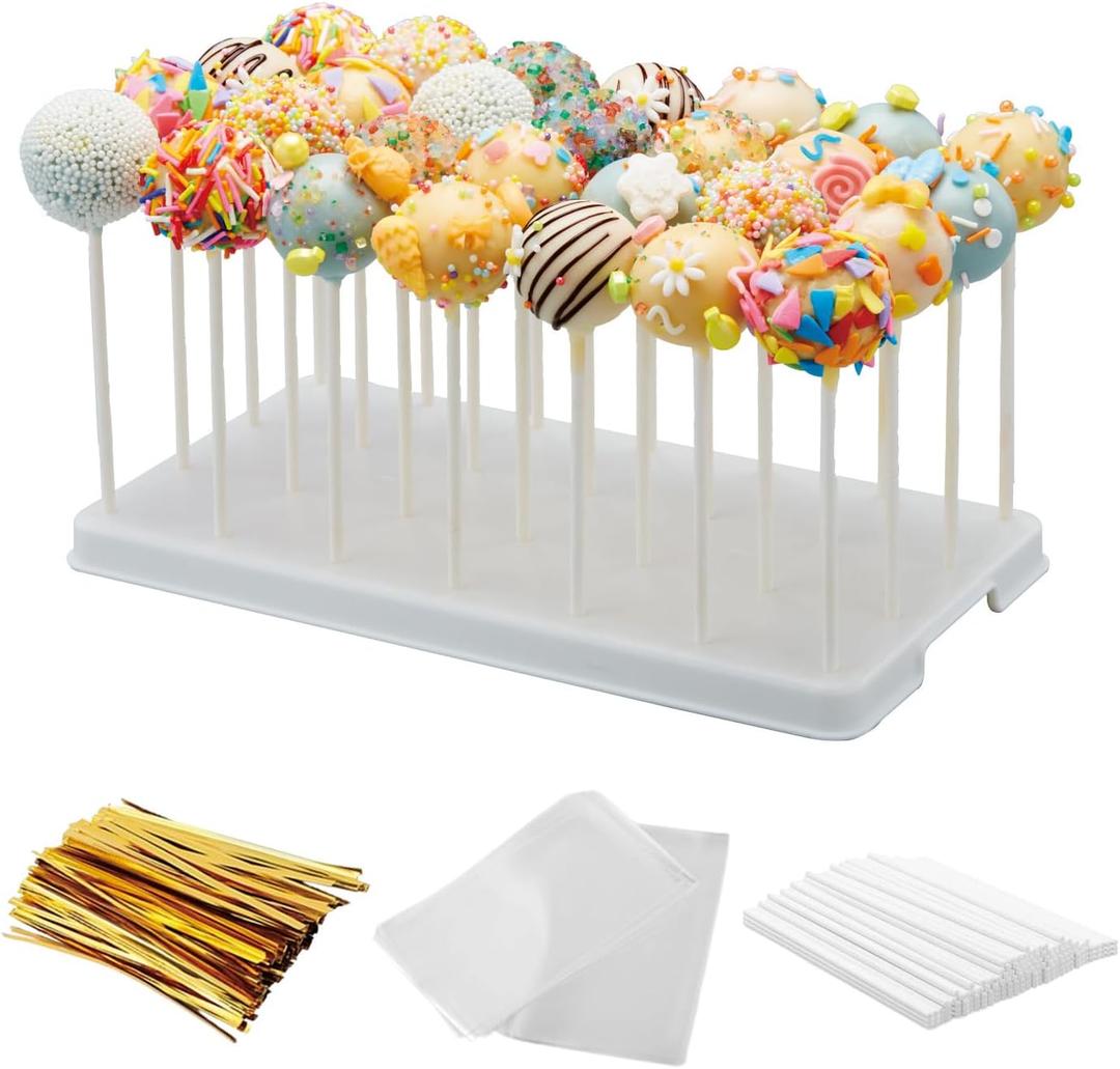 28 Holes Cake Pop Stand for Cake Pops, Lollipop Hold Stand, Cake Pop Display Holder, Candy Pop Holder with 100 Pcs Cake Pop Sticks, 100 Pcs Cake Pop Bags, 100 Pcs Gold Twist Ties(White)