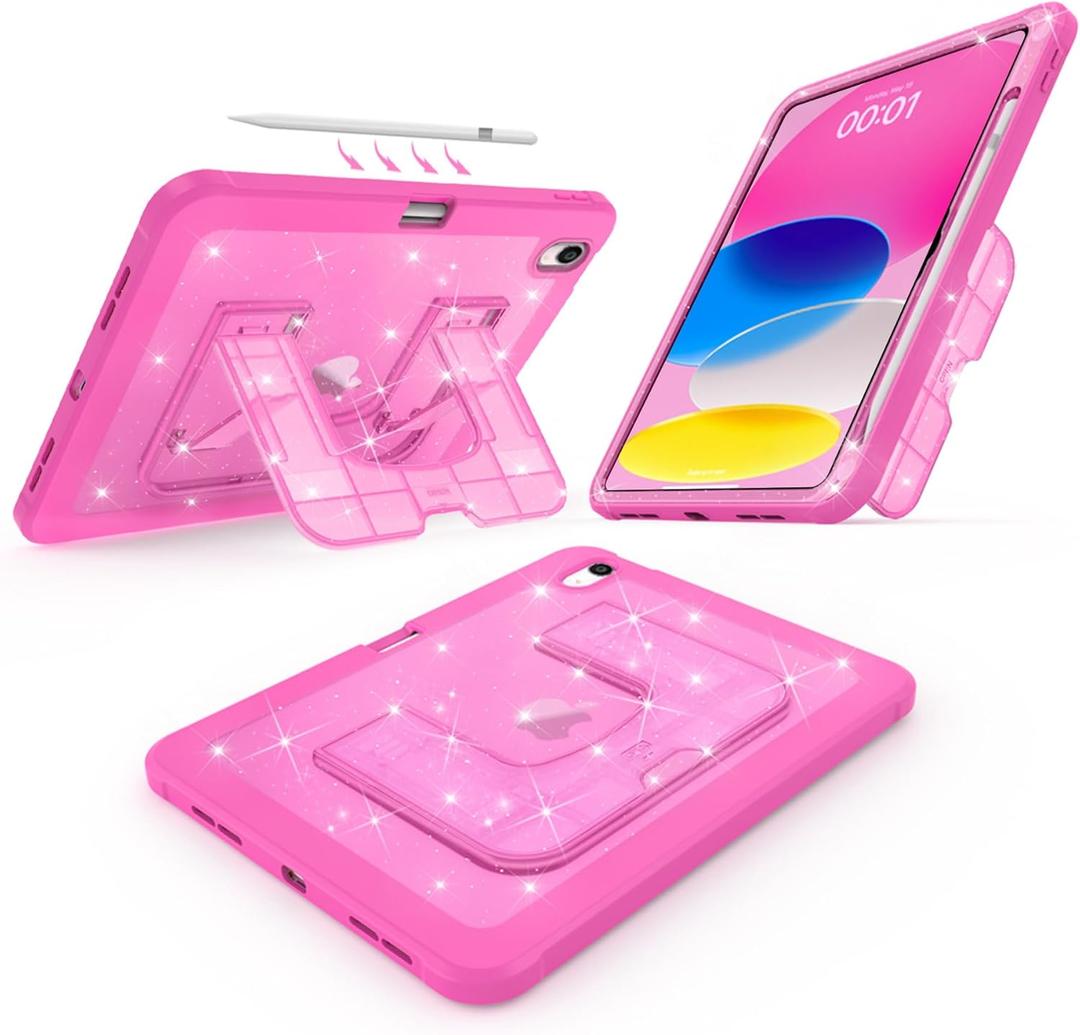 CCMAO Case for iPad (A16) 11th 11" 2025, iPad 10th 2022 with Pencil Holder & Kickstand, Shockproof Protective Slim Thin iPad Case with Glitter Transparent Back Cover for iPad 11/10, Rose Glitter (Translucent Color)