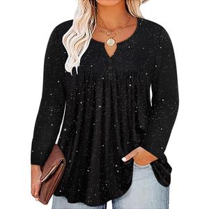 RITERA Plus Size Long Sleeve Tunic Tops for Women Henley V Neck T-Shirt V Neck Casual Blouses Fall Winter Halloween Christmas (Black, XL)