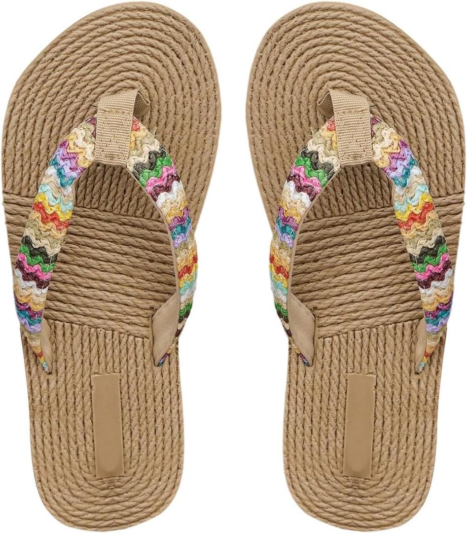 Women's Boho Tribal Braid Flip Flops Boho Thong Sandals Vacation Beach Slide Slippers (6.5, Multicolor)