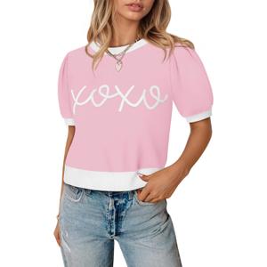Womens Puff Short Sleeve Sweater Casual Cropped Knit Shirts Cute Valentines Pullover Jumper Tops (X-Large, Pink)