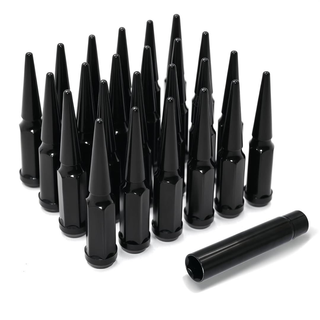 1/2"-20 Wheel Spike Lug Nuts, 24 PCS Lug Nut Wheel Accessories with 1 Socket Key, Black Thread Spiked 4.4" Tall Closed End Nuts Compatible with Wrangler Cherokee Liberty