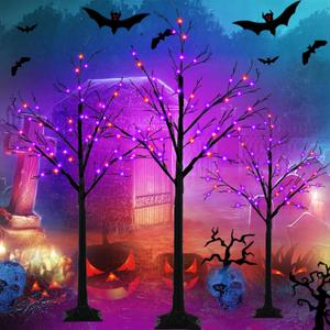 Set of 3 Lighted Black Halloween Tree 4FT 5FT and 6FT, Higher Size, Timer Function Orange & Purple Spooky Tree with 96 LED Lights for Indoor & Outdoor Halloween Decorations Yard Garden Home Party