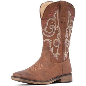 IUV Cowboy Boots For Women Square Toe Wide Western Boots Mid Calf Cowgirl Boots Pull On Fashion Embroidered Cowboy Boots 8.5