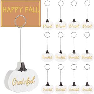 12 Pcs Thanksgiving Pumpkin Table Number Holders Wooden Photo Balloon Place Card Holder Harvest Mini Pumpkin Name Card Photo Picture Stand Holder for Fall Thanksgiving Decor(White,Word)