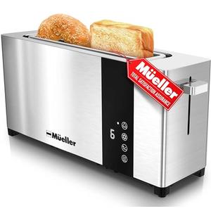 Mueller UltraToast Full Stainless Steel Toaster 2 Slice, Long Extra-Wide Slots with Removable Tray, Cancel/Defrost/Reheat Functions, 6 Browning Levels with LED Display, Housewarming Gifts New Home
