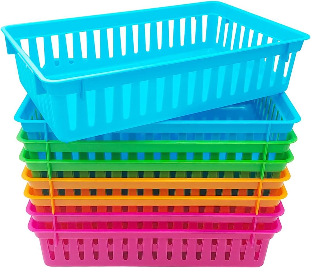 KWAGOCAR 8 Pack Classroom Storage Baskets Bins Colorful Plastic Organizer Basket Small Pencil Holder Tray Mesh Bins for Paper Desk Shelf Home School Office Arts Crafts Toy File Organization