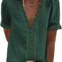 Dokotoo Women's V Neck Lace Crochet Tunic Tops Flowy Casual Blouses Shirts (A1 Green)