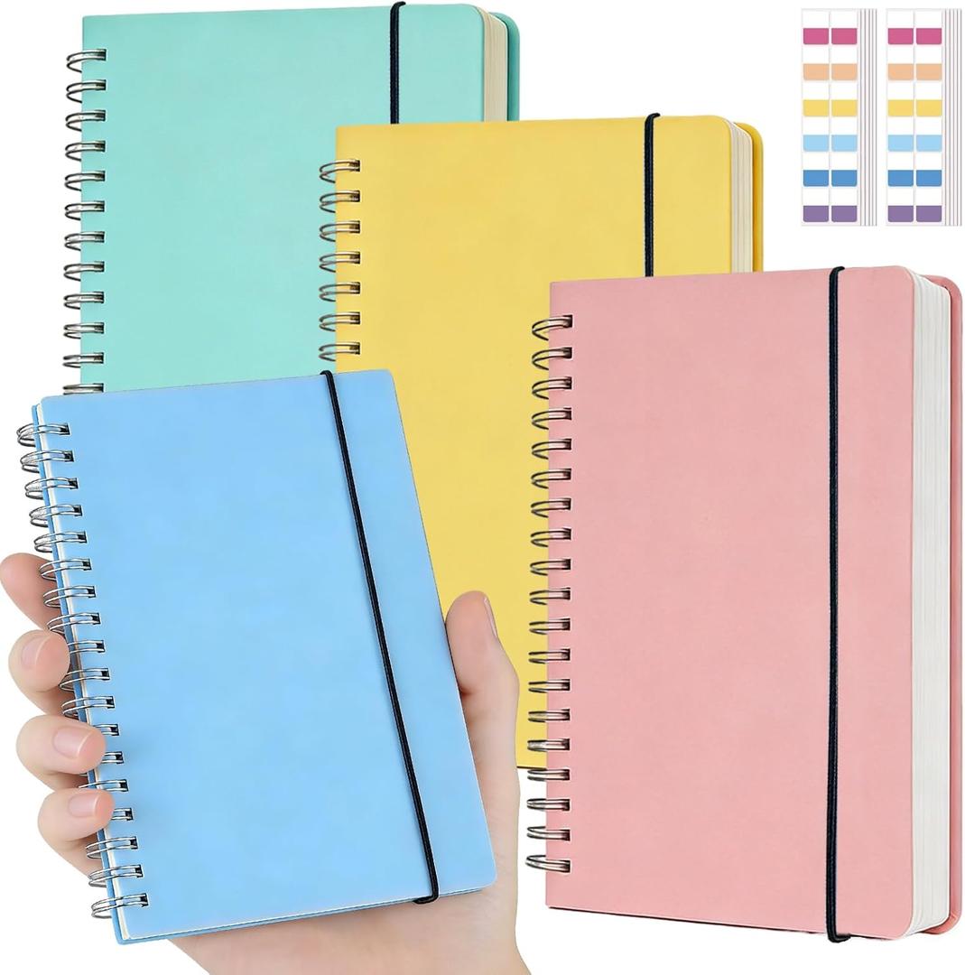 4 Pack Small Spiral Notebooks 3.5 x 5.5 in College Ruled, Mini Spiral Notebook, Waterproof 80 Sheets/160 Pages, Pocket Notebook with 120 Pcs Sticky Index Tabs for Home Office College School