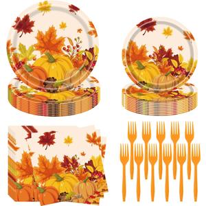 Fall Party Supplies - 96 Pcs Thanksgiving Paper Plates and Napkins, Forks, Pumpkin Autumn Disposable Tableware Set for Harvest Party Decorations