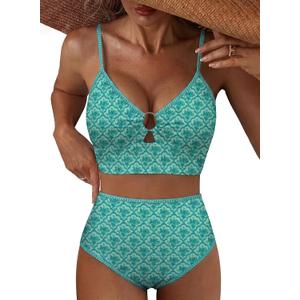 Herseas Women's O Ring Bikini Sets 2 Pieces Floral Print Swimsuits High Waisted Bathing Suits, Large