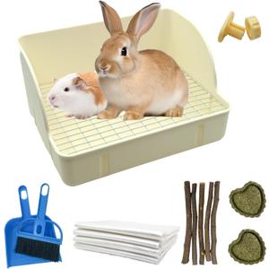 Rabbit Litter Box Toilet,Bunny Plastic Square Cage Toilet with Grate Rabbits Corner Litter Bedding Small Animal Pet Bunny Box Potty Trainer Pet Pan for Guinea Pig,Ferret,Chinchilla(White)