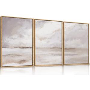 Large Neutral Abstract Framed Canvas Wall Art Set,Minimalist Gray and Beige Pastel Wall Decor,Modern Nature Misty Textured Art Painting for Living Room,Bedroom-16 x24 x3
