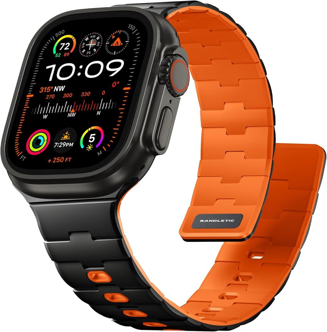 Bandletic Magnetic Silicone Watchband Compatible with Apple Watch Band 44mm 45mm 46mm 49mm 42mm 41mm 40mm 38mm Men Women, Strong Magnet Sport Strap for iWatch Series 11 10 9 8 7 6 5 4 Ultra SE 3 2 1 (Black/Orange)