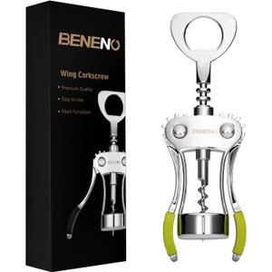 Beneno Wine Opener, Zinc Alloy Premium Wing Corkscrew with Multifunctional Bottles Opener, Sharp Wine Corkscrew with Ergonomic Non-Slip Wing Handle, Green