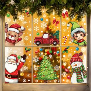 XZENTIRA 199PCS Christmas Window Clings Stickers, Double-Sided Oil Painting Winter Decorations Xmas Decals Indoor Outdoor Snowman Snowflakes Christmas Tree Window Stickers Holiday Party Decorations