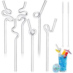 Yinkin 6 Pcs Wavy Glass Straw Reusable Curved Silly Glass Straws Shatter Resistant with 2 Cleaning Brushes Clear High Borosilicate Glass Straws for Kids Adults Smoothies Juice (Clear, 8 Inch)
