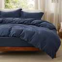 Bedsure Duvet Cover Queen Size with Fitted Sheet - 4 Pieces Prewashed Polyester Soft Bedding Set, Includes 1 Duvet Cover 90x90 Inches with Zipper Closure, 2 Pillow Shams, 1 Fitted Sheet, Navy Blue