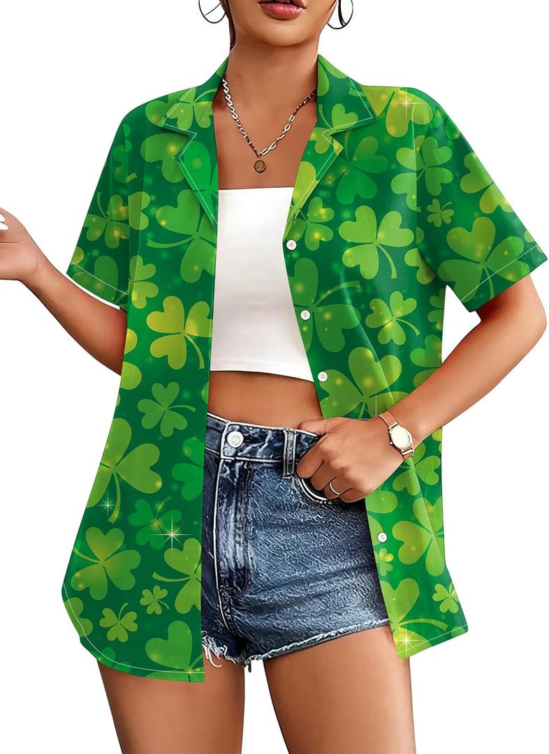 St Patricks Day Shirt Women St Paddy T Shirt Lucky Shamrock Graphic Tees Hawaiian Button Down Blouse Tops (Green, L)