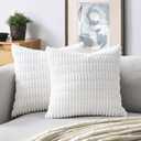 Volcanics Pack of 2 Pure White Decorative Throw Pillow Covers 18x18 Inch, Soft Corduroy Striped Square Cushion Cases, Modern Farmhouse Boho Home Decor for Couch Bed Sofa Living Room