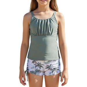 2-Piece Girls Tankini Swimsuit with Drawstring Shorts, Printed Bathing Suit for Teens, Size 11-12 Years