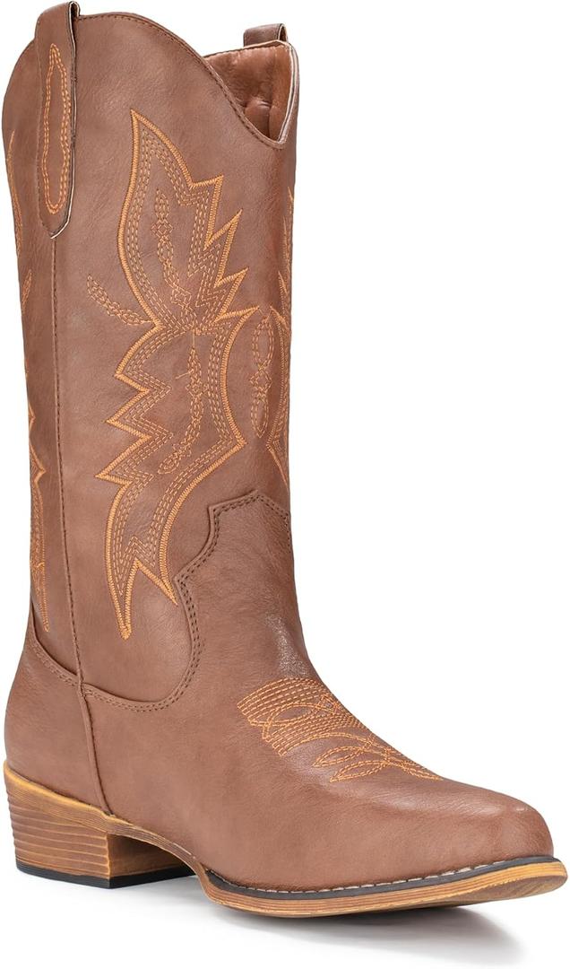 IUV Cowboy Boots For Women Western Boots Cowgirl Boots Pull On Pointy Toe Mid Calf Boots Size 8 (Brown)