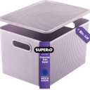 Superio Ribbed Collection - Decorative Plastic Lidded Home Storage Bins Organizer Baskets, X-Large Lilac Purple (1 Pack - 22 Liter) Stackable Container Box, for Organizing Closet Shelves Drawer Shelf