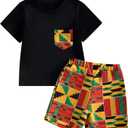 Mubineo Toddler Boy Girl Summer Dashiki Clothes African Print Outfits Kids Kente T Shirts Shorts Set (Black Yellow Red, 4 Years)