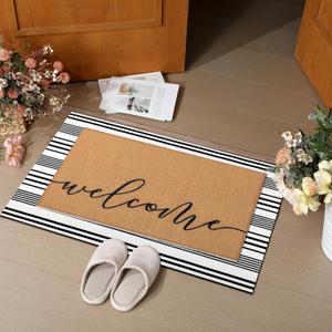 Tinideya 2 Pcs Summer Door Mat Non Slip Wildflower Hello Sunshine Sweet Home Ocean Pet Welcome Floor Doormat Buffalo Plaid Checked Stripe Mat Seasonal for Front Porch Entryway(Welcome)