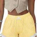 2 x Boxer Shorts Gingham Shorts Y2K Beach Bottoms | Plaid Shorts Y2K Pajama Bottoms Two Pockets (Yellow), Large