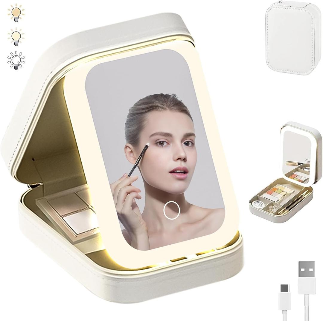 Lighted Vanity Mirror for Travel, Compact Makeup Bag with LED, 3 Colors Light Modes USB Rechargeable Dimmable Touch Screen Portable Travel Makeup Mirror with Light (White)