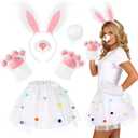 6pcs Easter Bunny Costume Adult, Rabbit Costume for Women with Tutu Nose Bunny Ears Headband Tail and Paw Gloves