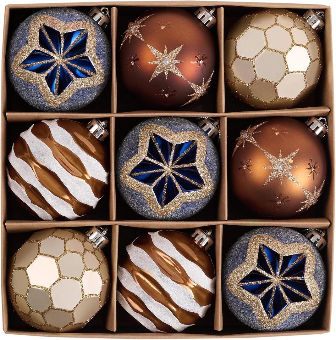 DecorbyHannah Large Christmas Ornaments, 9ct 3.15 inches Blue Copper Celestial Ball Ornaments for Christmas Tree Decorations Set, Shatterproof Plastic Hanging Balls Bulk for Xmas Indoor Party Decor